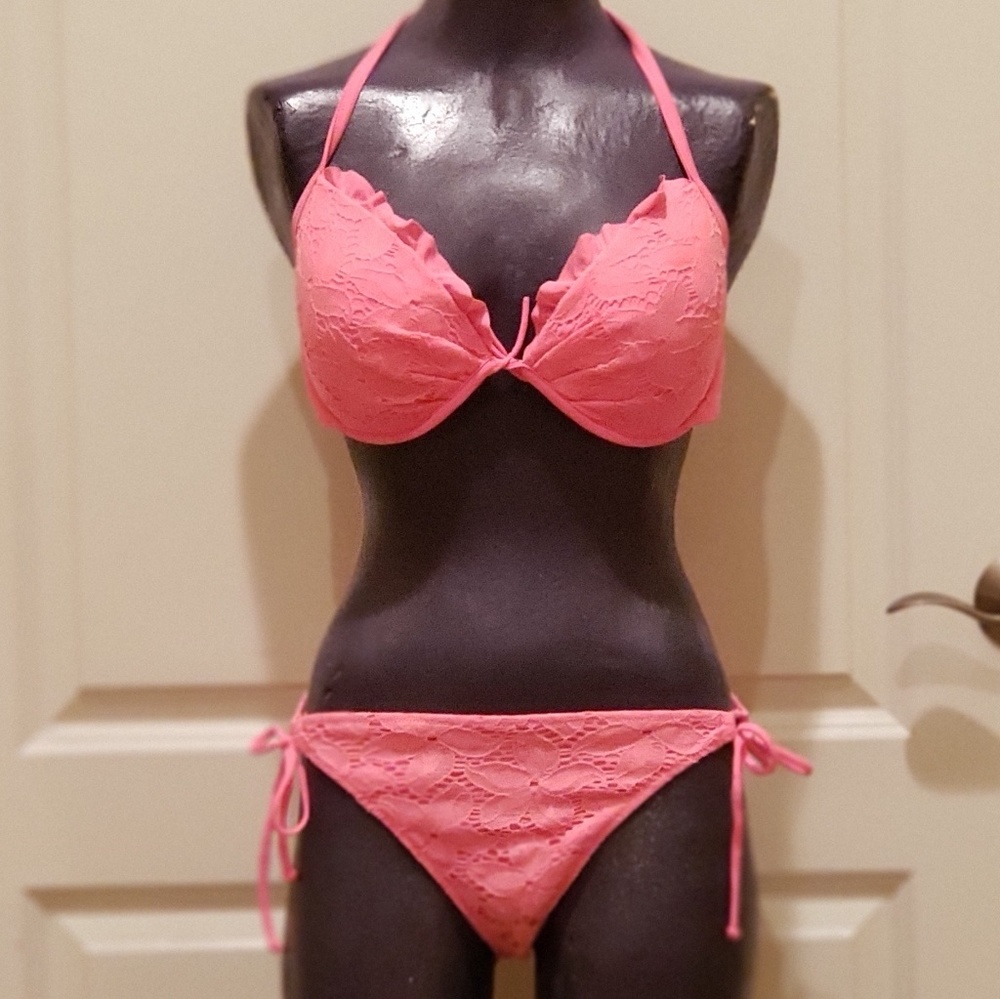 Hot pink lace detail bikini